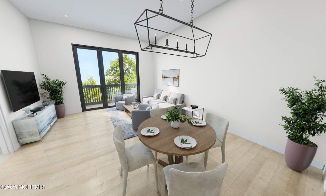 Dining room, Interior, Living room, Pendant Lights, Recessed Lighting, Wood Texture Flooring