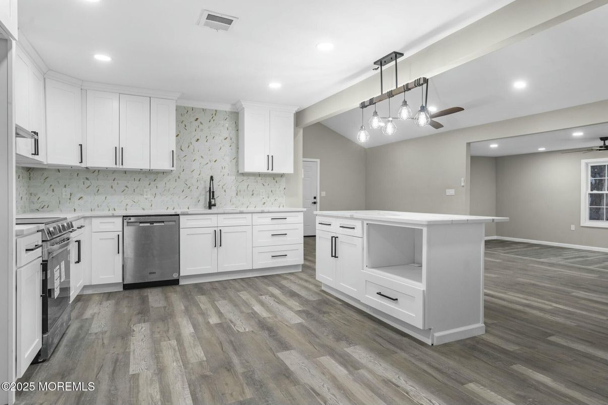 Interior, Kitchen, Pendant Lights, Recessed Lighting, Stainless Steel Appliances, Wood Texture Flooring