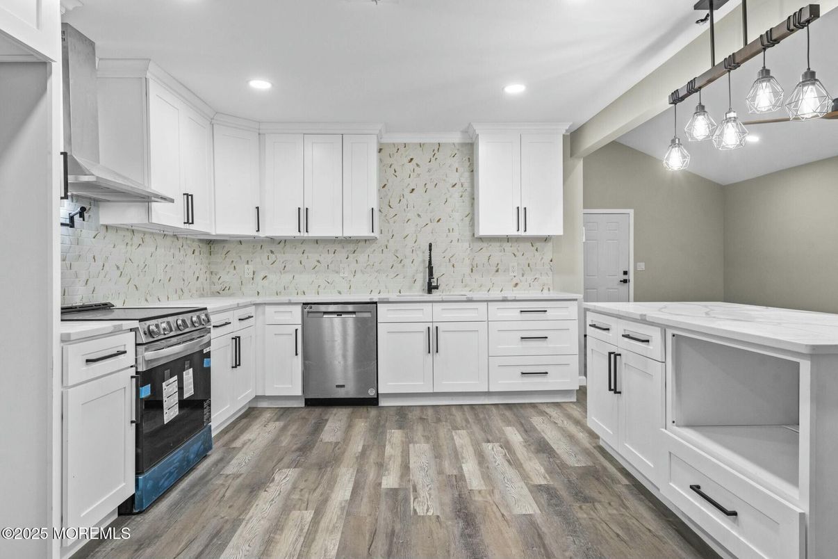 Interior, Kitchen, Pendant Lights, Recessed Lighting, Stainless Steel Appliances, Wood Texture Flooring