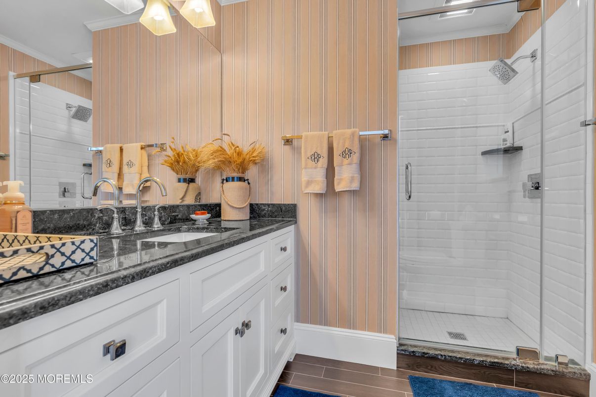 Bathroom, Glass Shower, Interior, Wood Texture Flooring