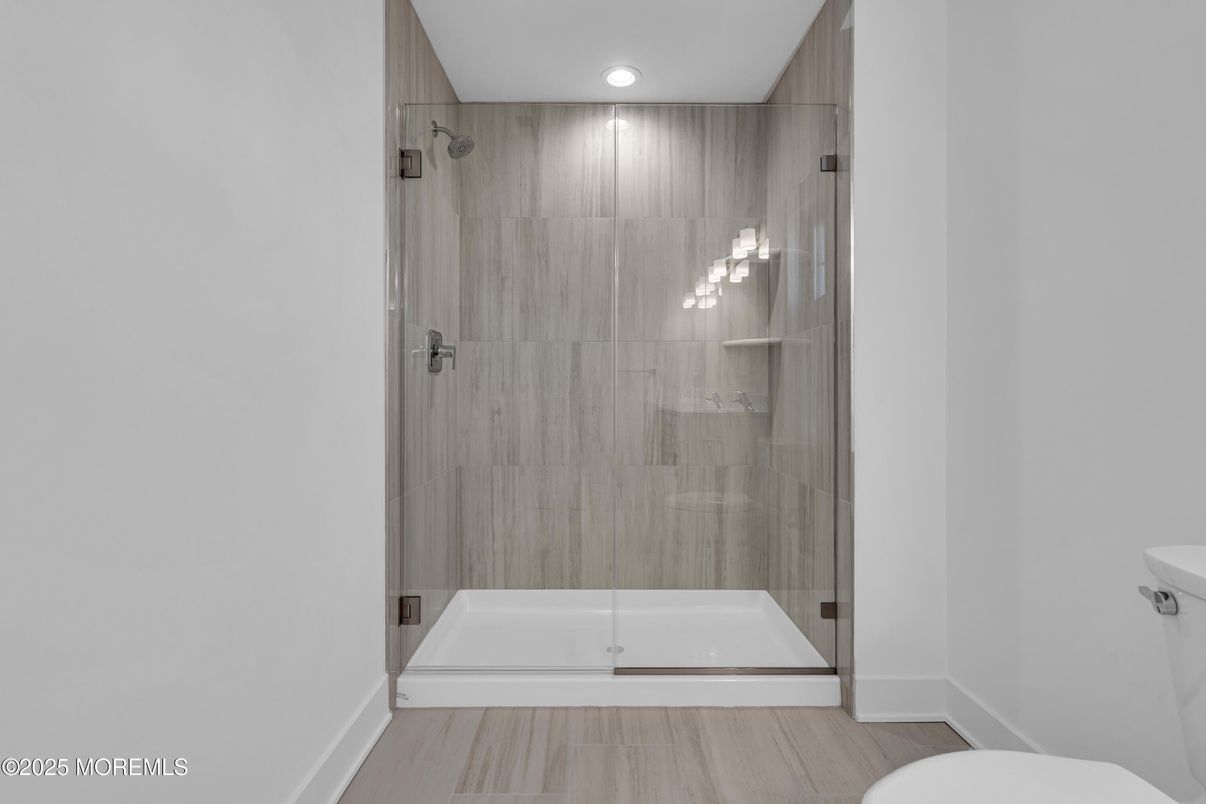 Bathroom, Glass Shower, Interior, Recessed Lighting, Wood Texture Flooring