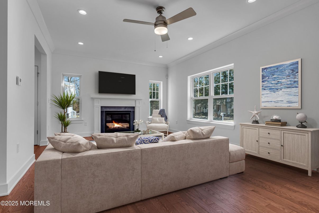 Fireplace, Interior, Living room, Recessed Lighting, Wood Texture Flooring