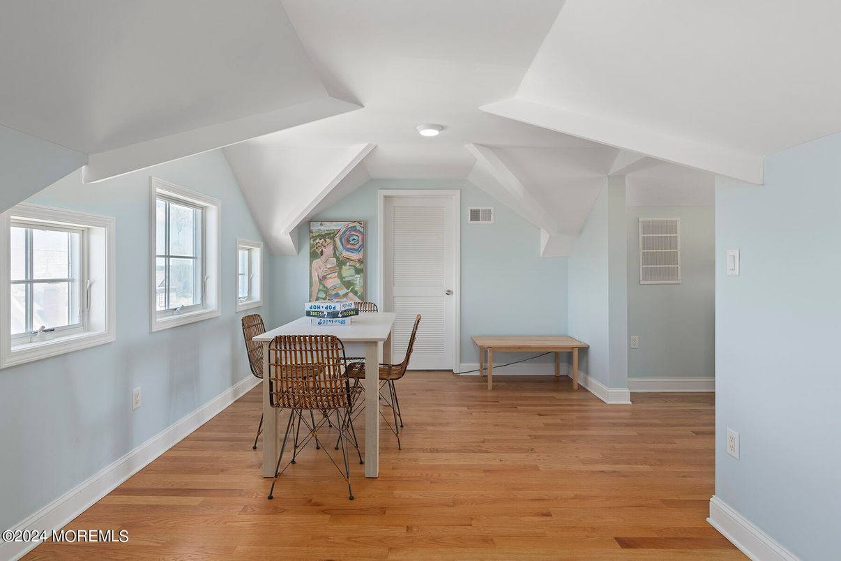 Dining room, Interior, Recessed Lighting, Wood Texture Flooring