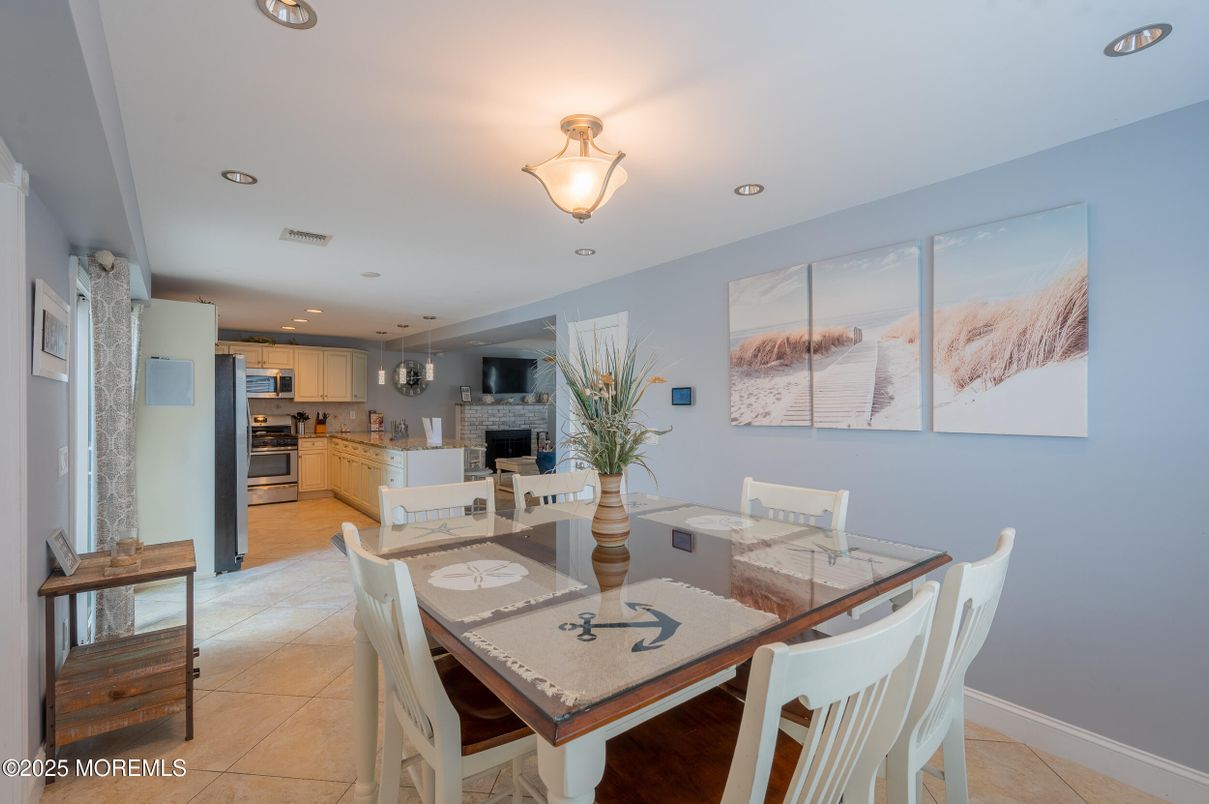 Dining room, Fireplace, Interior, Kitchen, Recessed Lighting, Stainless Steel Appliances