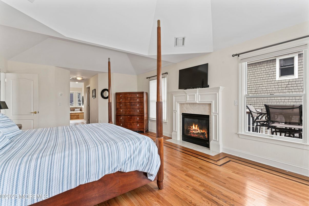 Bedroom, Fireplace, Interior, Wood Texture Flooring