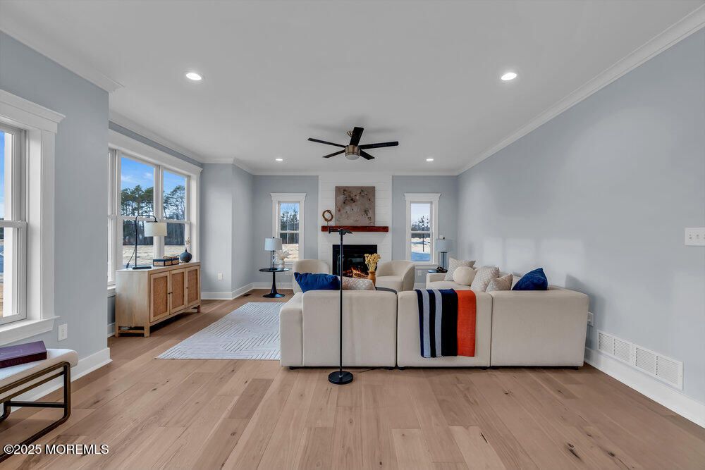 Fireplace, Interior, Living room, Recessed Lighting, Wood Texture Flooring