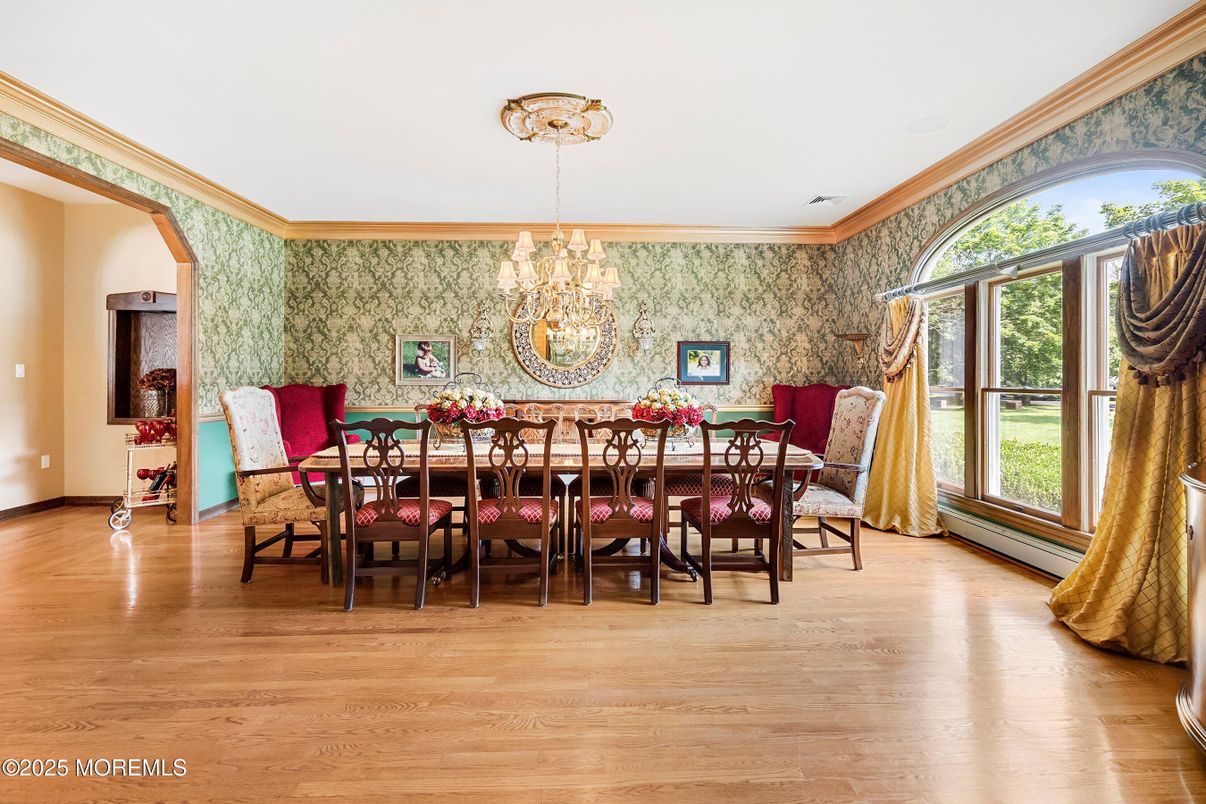 Chandelier, Dining room, Interior, Wood Texture Flooring