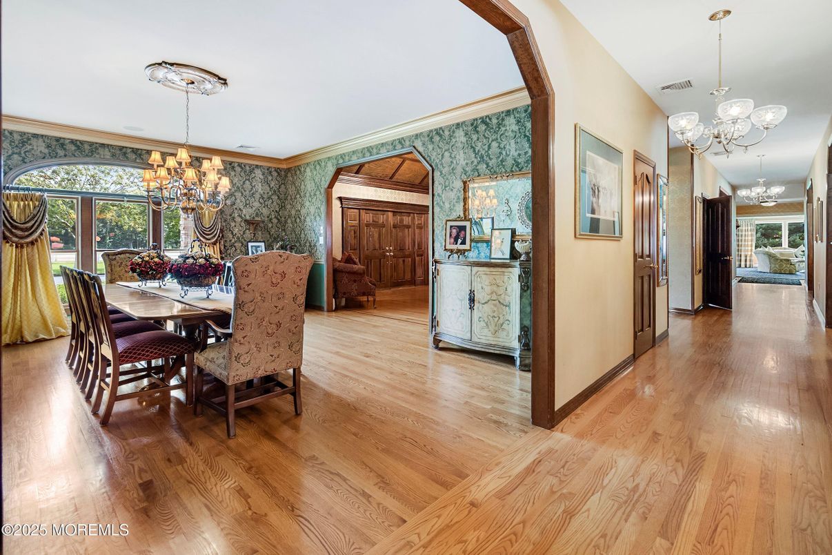 Chandelier, Dining room, Interior, Pendant Lights, Wood Texture Flooring