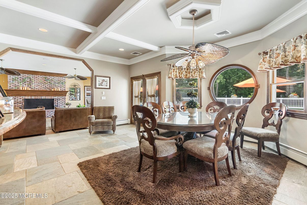 Dining room, Fireplace, Interior, Living room, Pendant Lights, Recessed Lighting