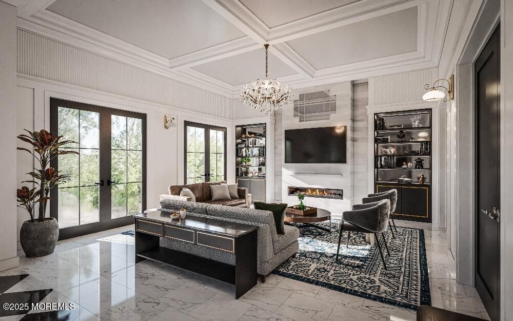 Chandelier, Fireplace, Interior, Living room, Marble, Pendant Lights