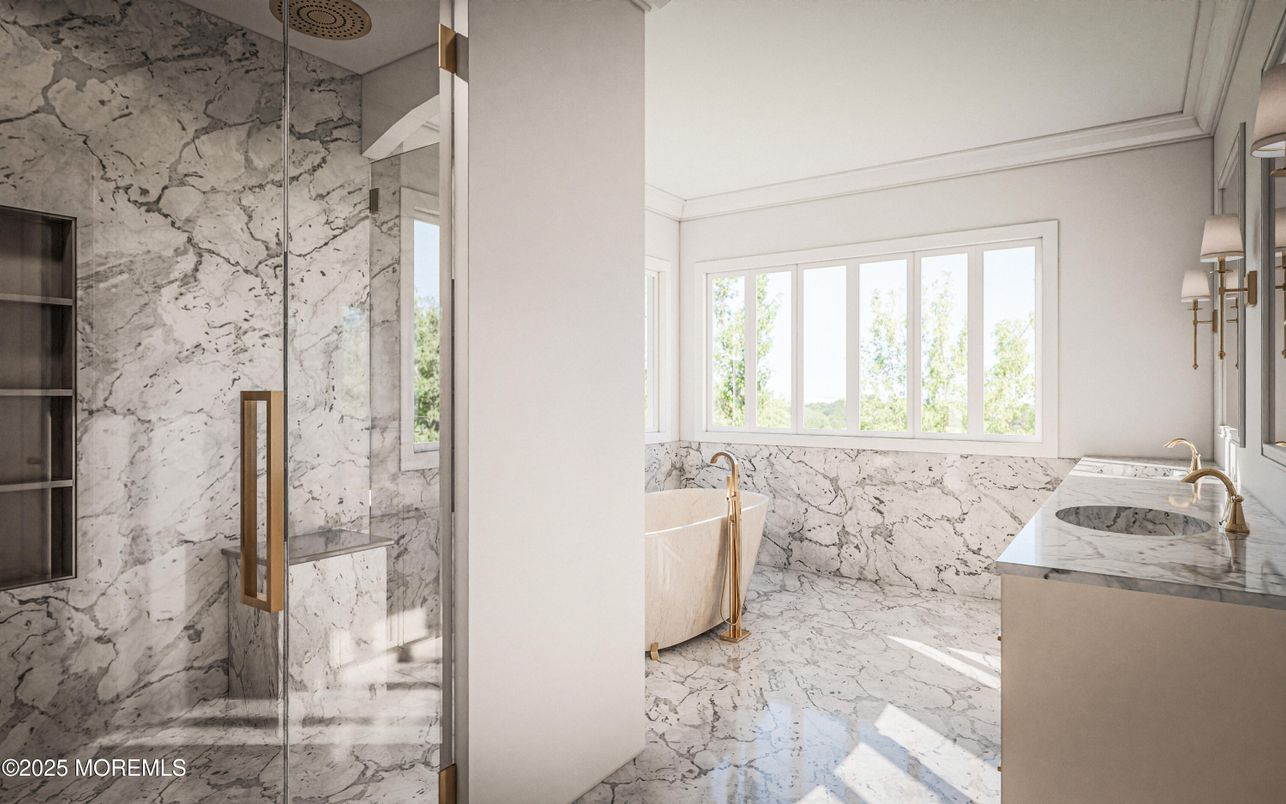 Bathroom, Free Standing Baths, Glass Shower, Interior, Marble, Marble Walls