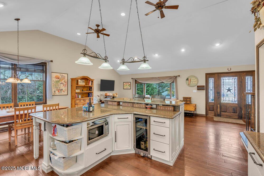 Dining room, Interior, Pendant Lights, Recessed Lighting, Wood Texture Flooring