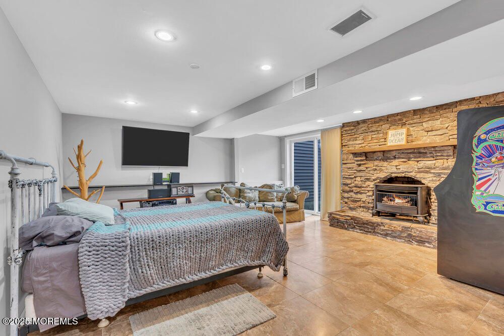 Fireplace, Interior, Living room, Recessed Lighting, Stone Walls, Wooden Walls
