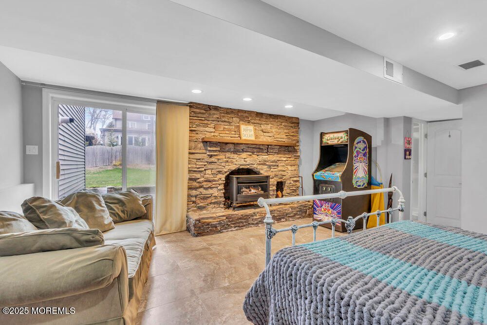 Fireplace, Interior, Recessed Lighting, Stone Walls, Wooden Walls