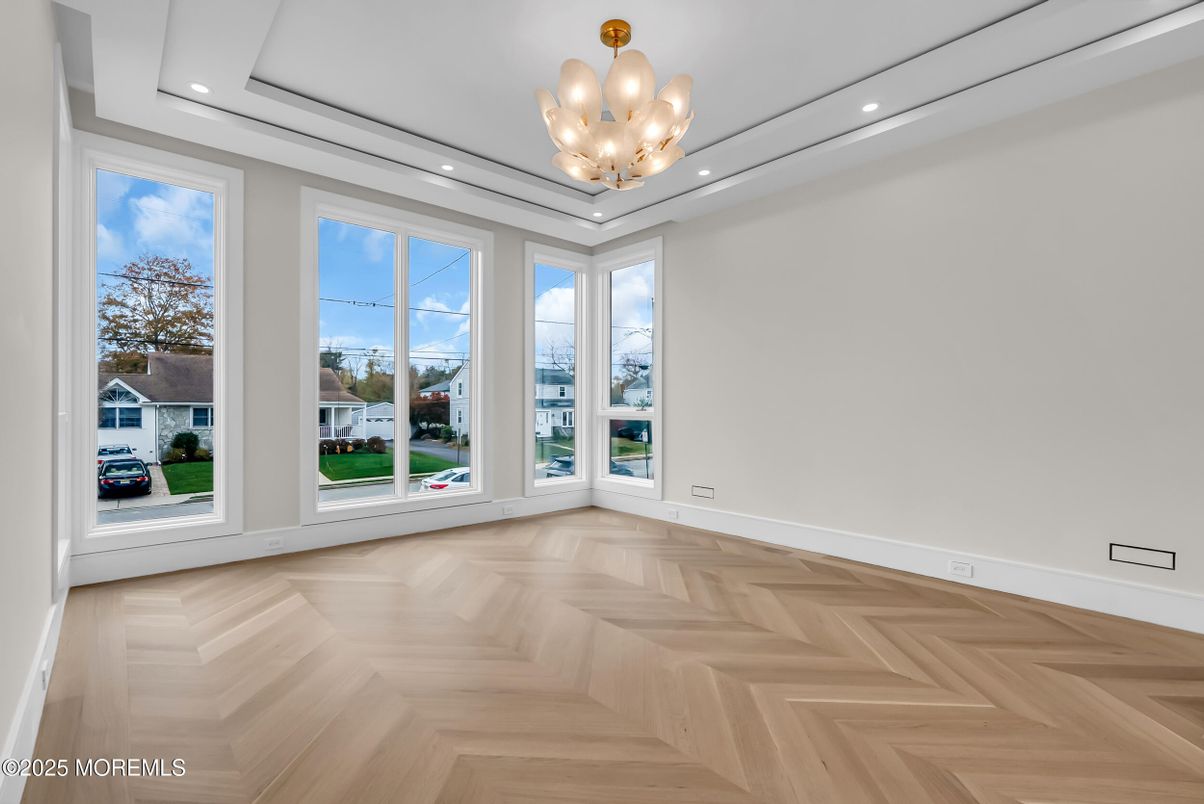 Chandelier, Empty room, Interior, Recessed Lighting, Wood Texture Flooring
