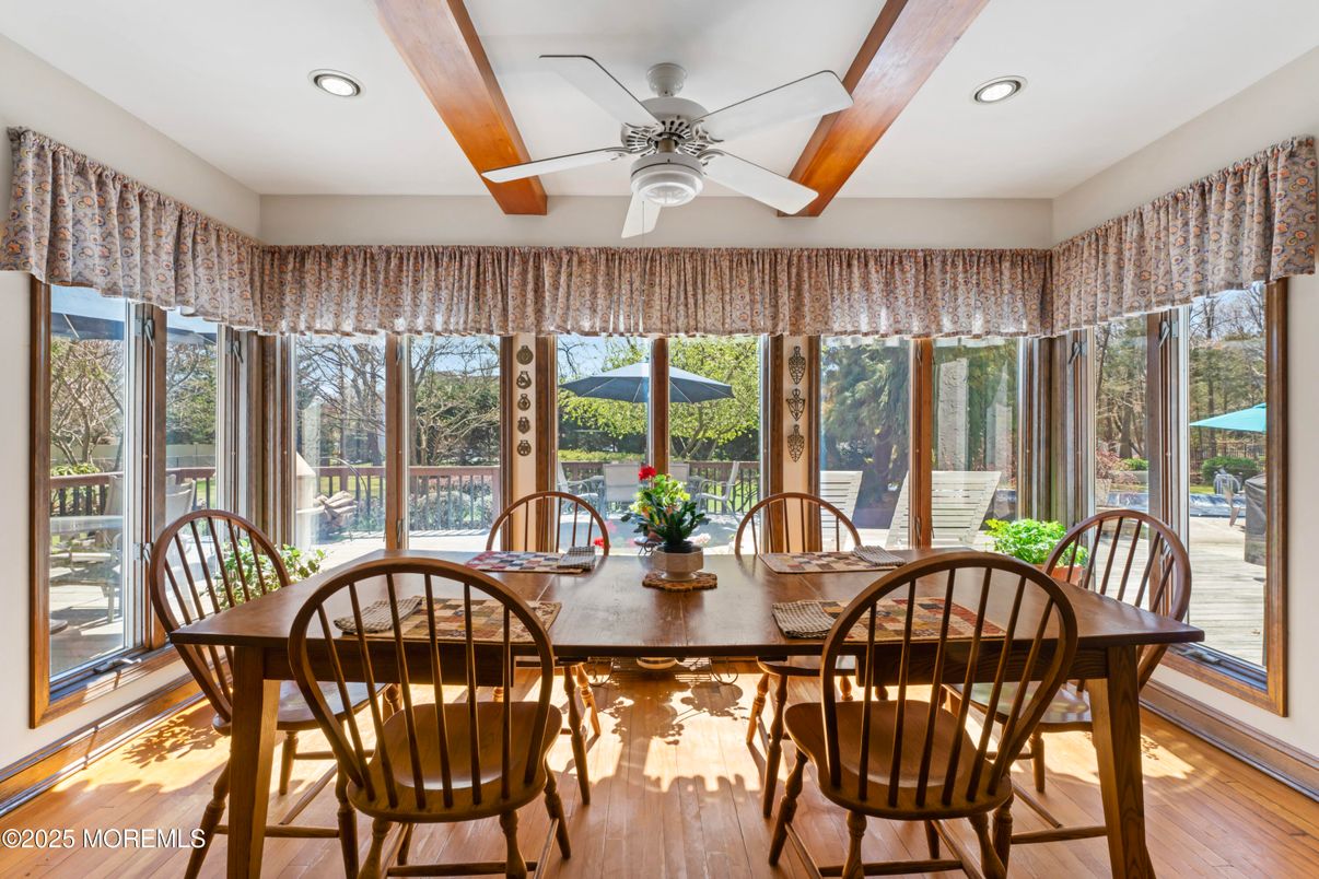Dining room, Interior, Recessed Lighting, Sun Room, Wooden Beams, Wood Texture Flooring