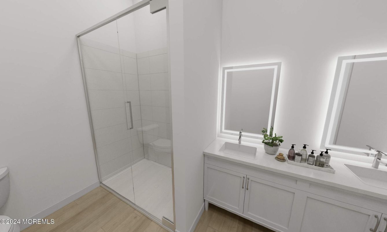 Bathroom, Dual Sink Vanities, Glass Shower, Interior, Wood Texture Flooring