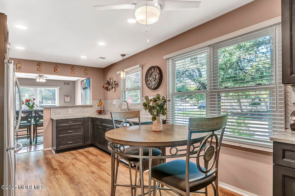 Dining room, Interior, Pendant Lights, Recessed Lighting, Wood Texture Flooring