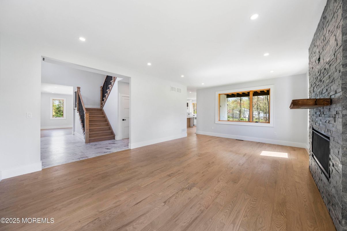 Empty room, Fireplace, Interior, Recessed Lighting, Wood Texture Flooring