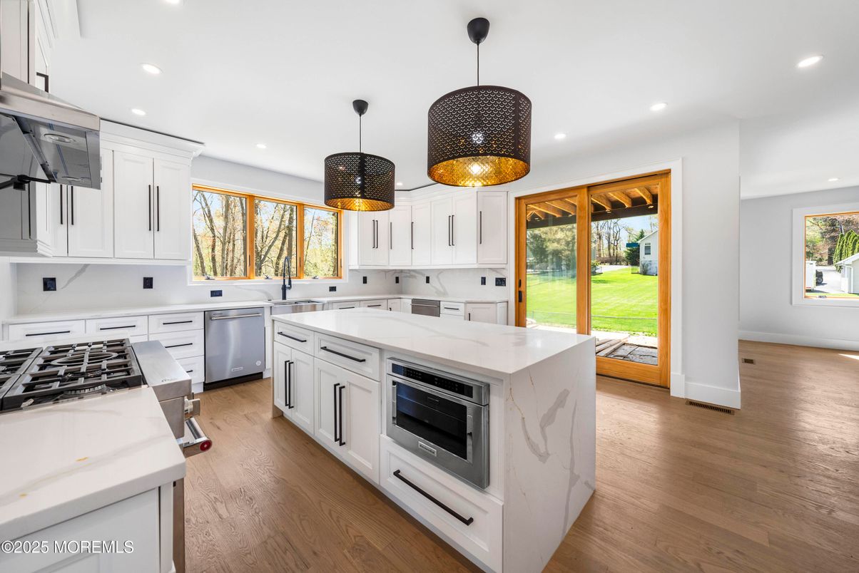 Interior, Kitchen, Pendant Lights, Recessed Lighting, Stainless Steel Appliances, Wood Texture Flooring