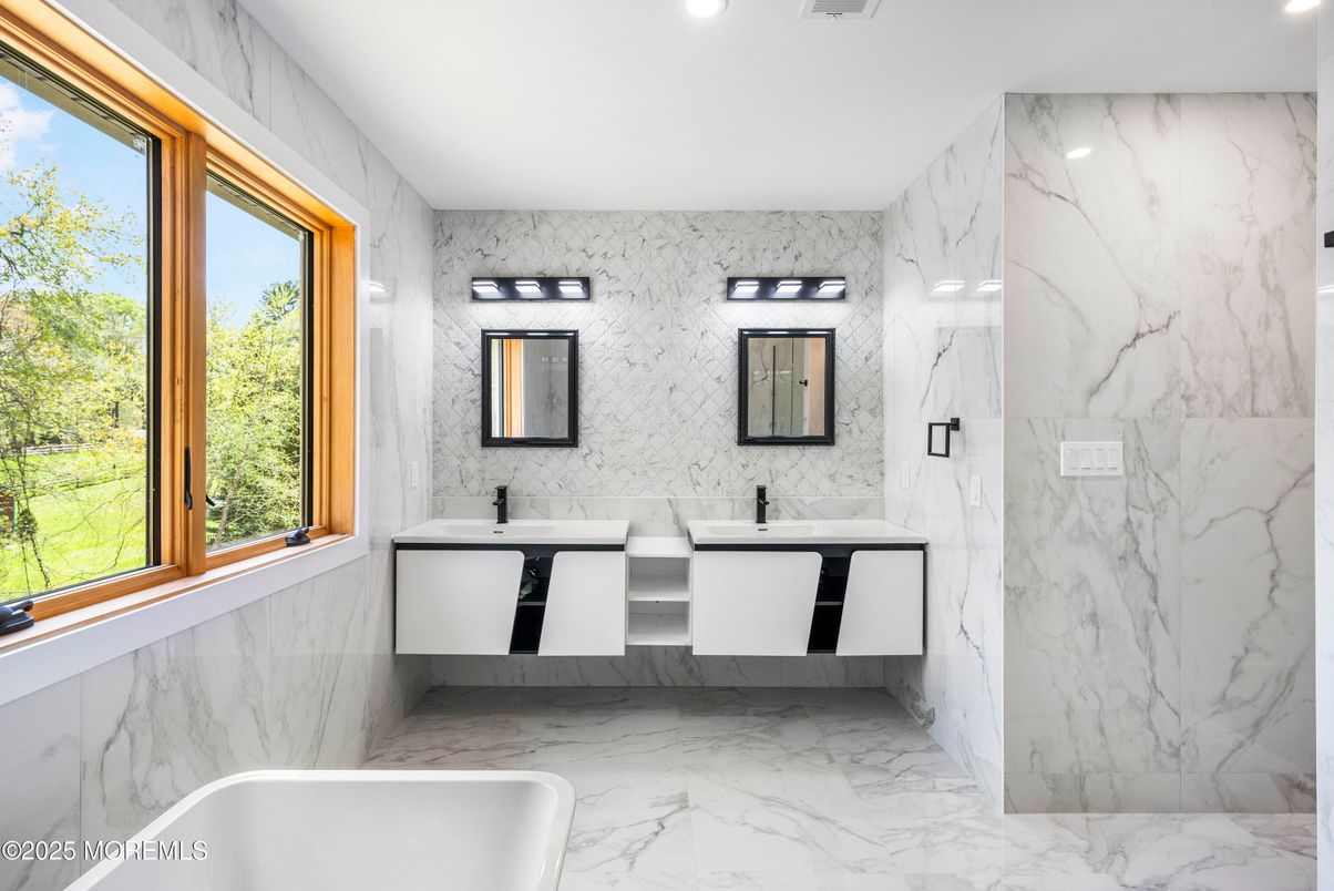 Bathroom, Dual Sink Vanities, Free Standing Baths, Interior, Marble, Marble Walls, Recessed Lighting