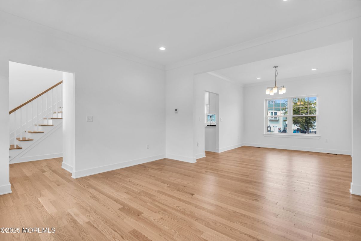 Chandelier, Empty room, Interior, Pendant Lights, Recessed Lighting, Wood Texture Flooring