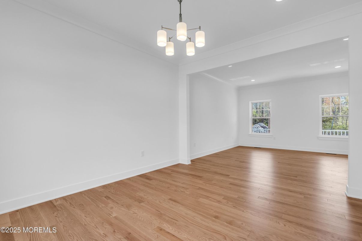 Chandelier, Empty room, Interior, Recessed Lighting, Wood Texture Flooring