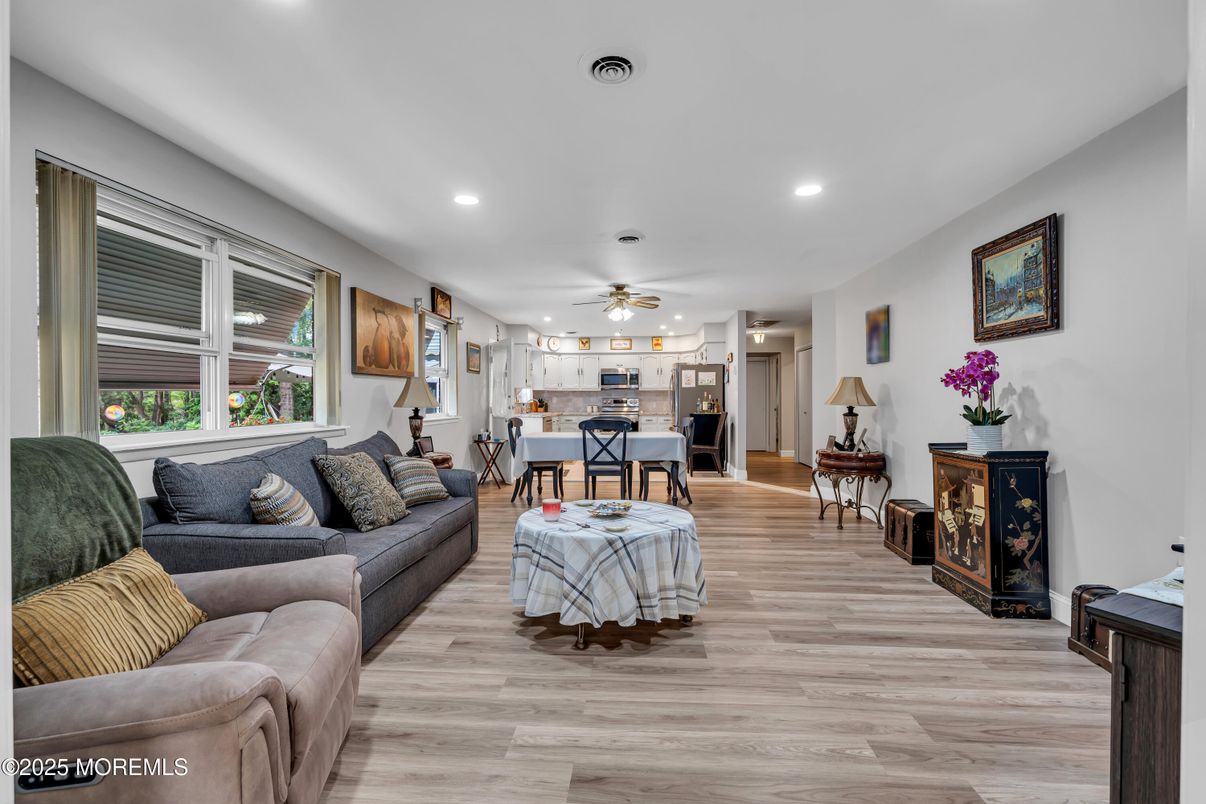 Dining room, Interior, Kitchen, Living room, Recessed Lighting, Wood Texture Flooring