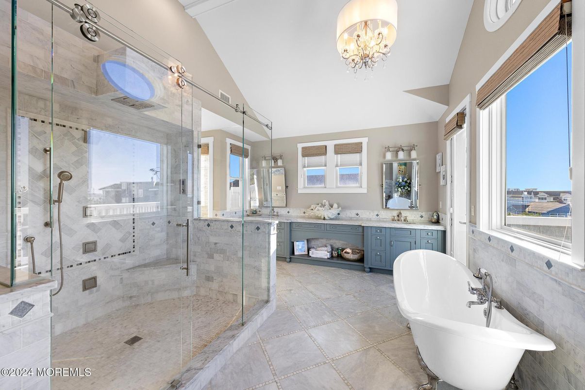 Bathroom, Chandelier, Dual Sink Vanities, Free Standing Baths, Glass Shower, Interior