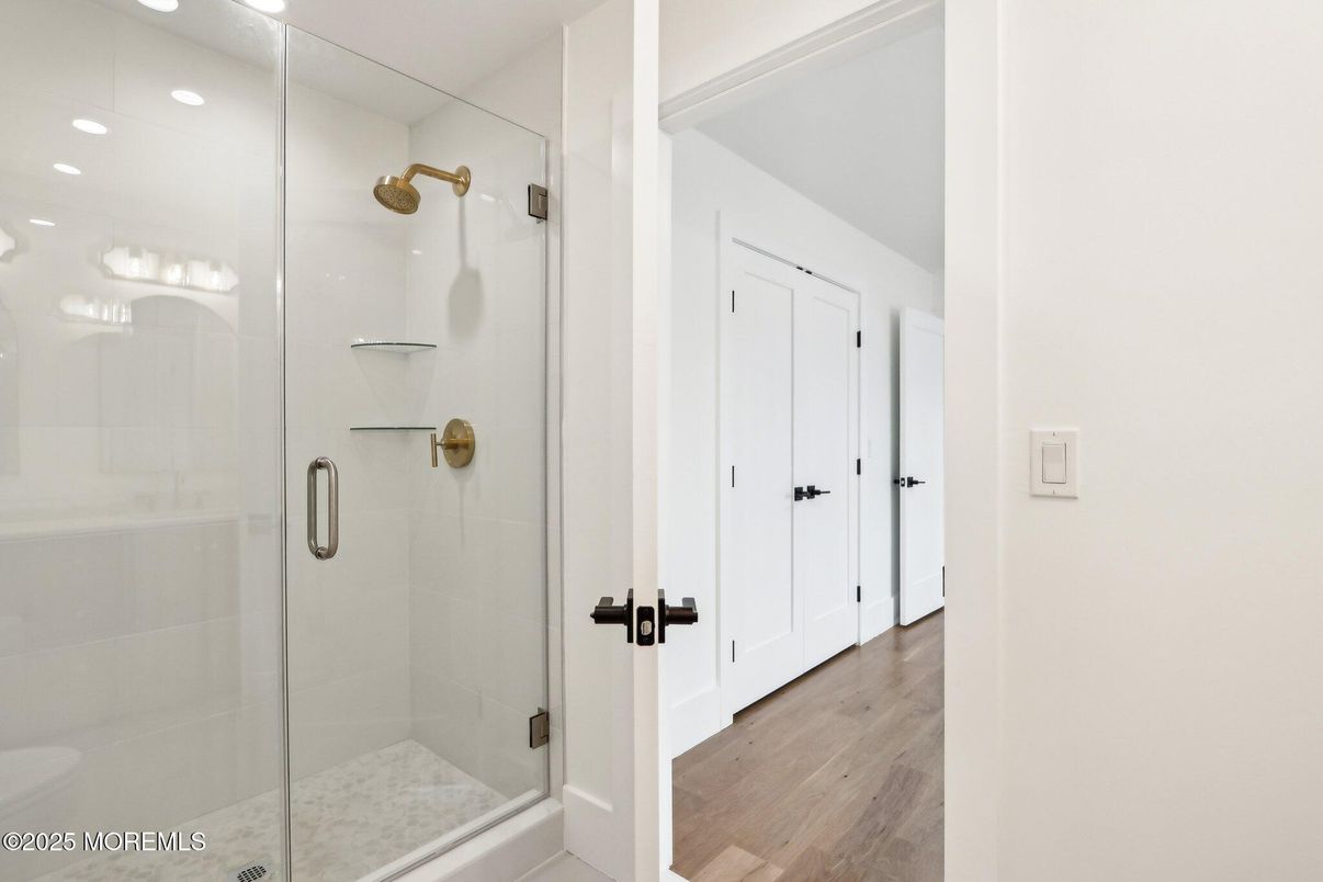 Bathroom, Glass Shower, Interior, Recessed Lighting, Wood Texture Flooring