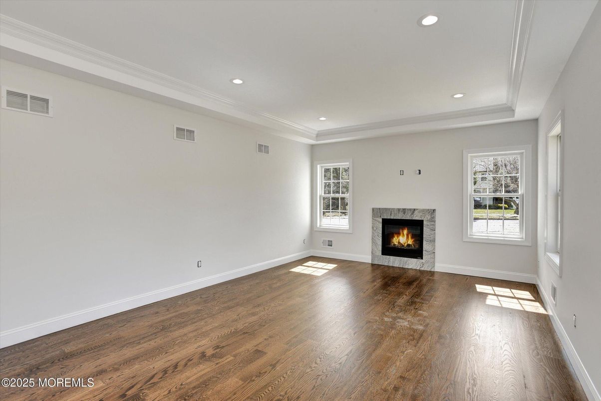 Empty room, Fireplace, Interior, Recessed Lighting, Wood Texture Flooring