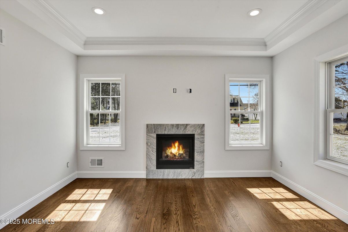Empty room, Fireplace, Interior, Recessed Lighting, Wood Texture Flooring