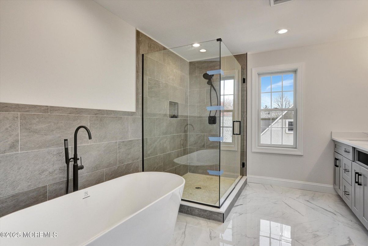 Bathroom, Free Standing Baths, Glass Shower, Interior, Marble, Recessed Lighting