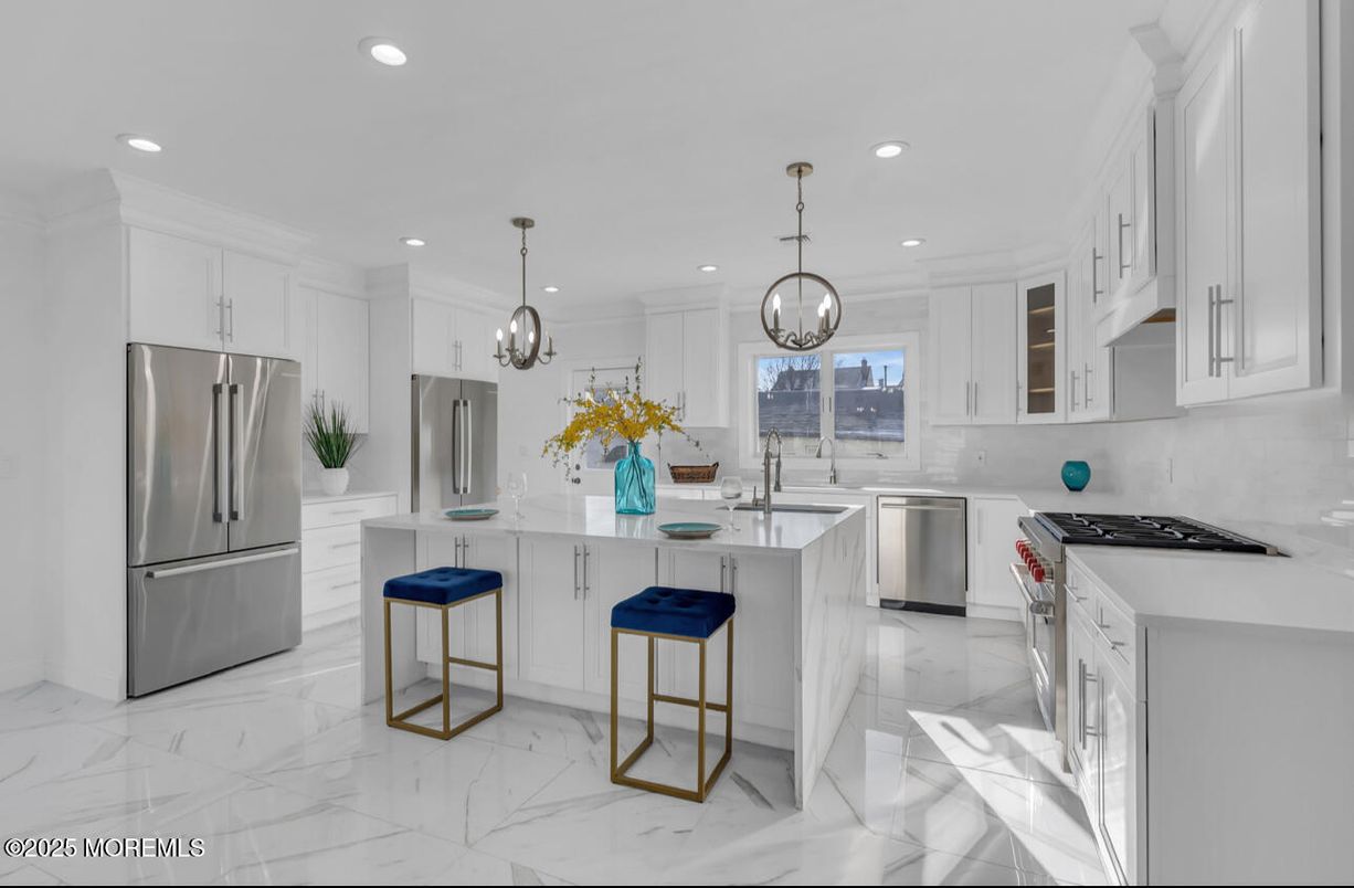 Interior, Kitchen, Marble, Pendant Lights, Recessed Lighting, Stainless Steel Appliances