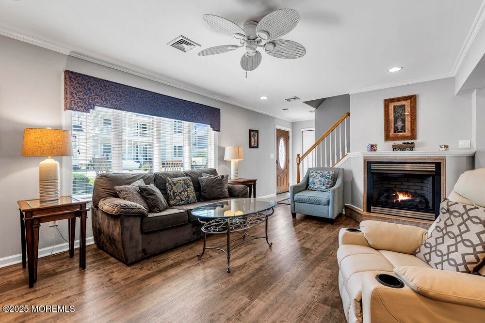 Fireplace, Interior, Living room, Recessed Lighting, Wood Texture Flooring