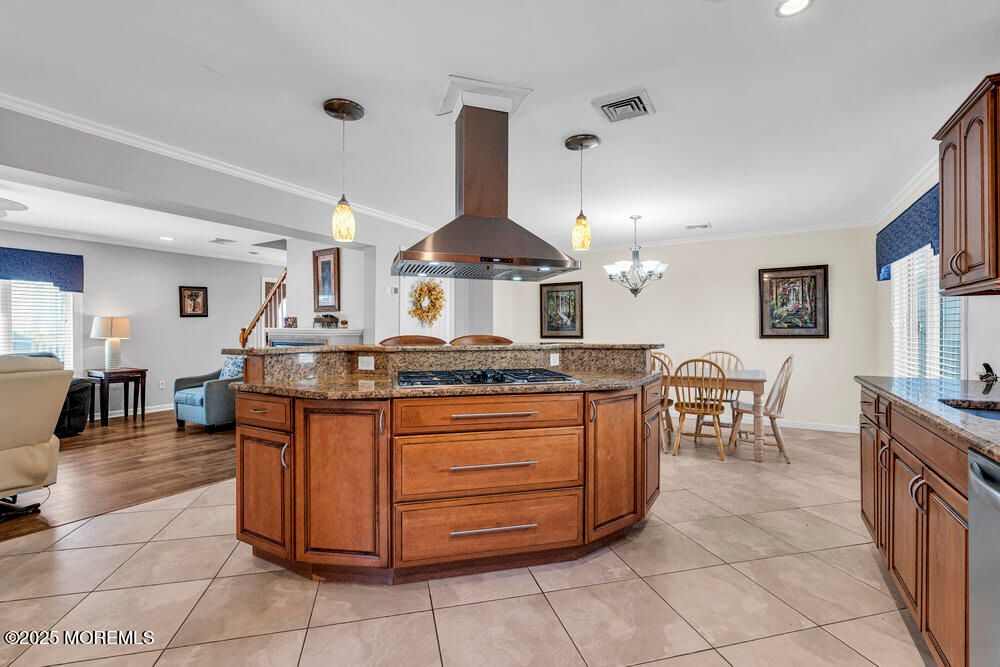 Chandelier, Dining room, Interior, Kitchen, Living room, Pendant Lights, Recessed Lighting, Wood Texture Flooring