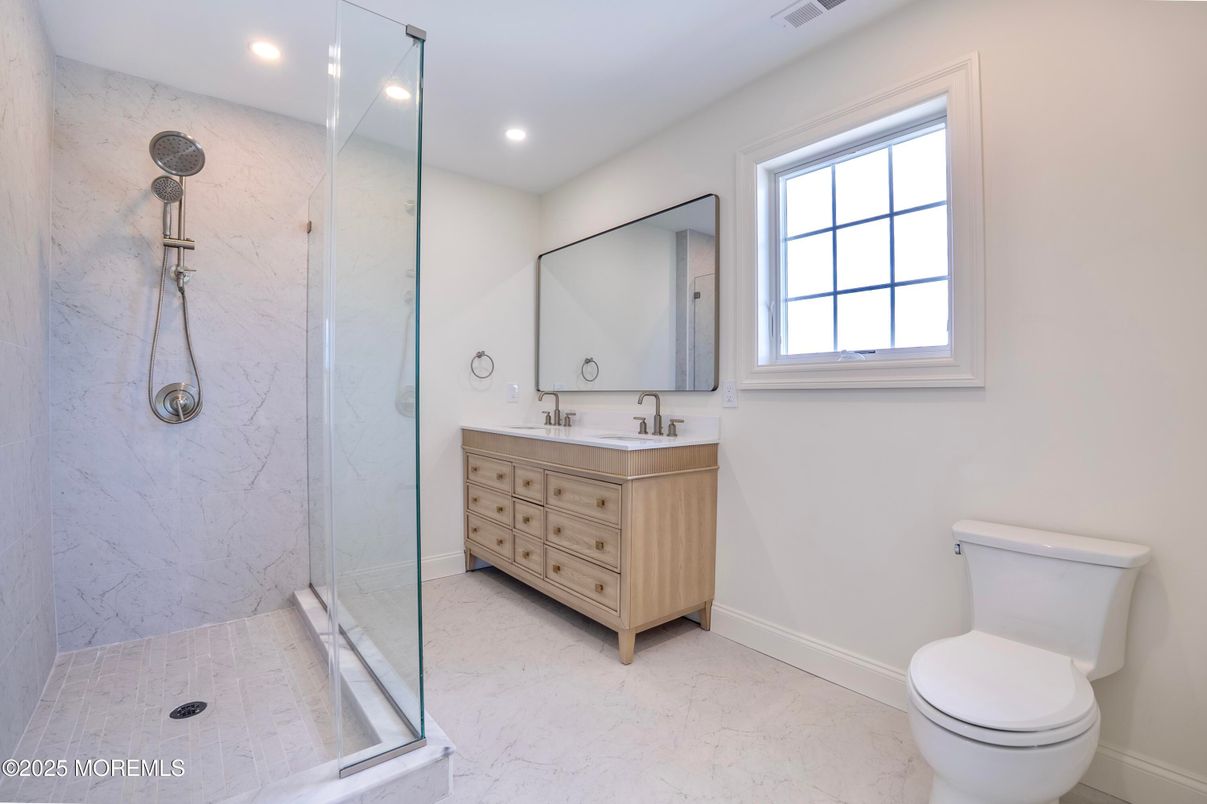 Bathroom, Glass Shower, Interior, Marble Walls, Recessed Lighting
