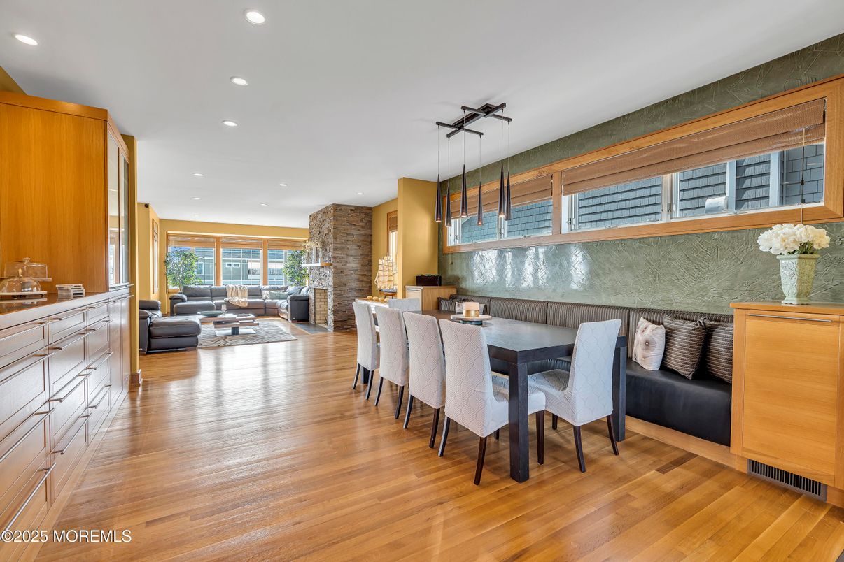 Dining room, Interior, Living room, Recessed Lighting, Stone Walls, Wood Texture Flooring