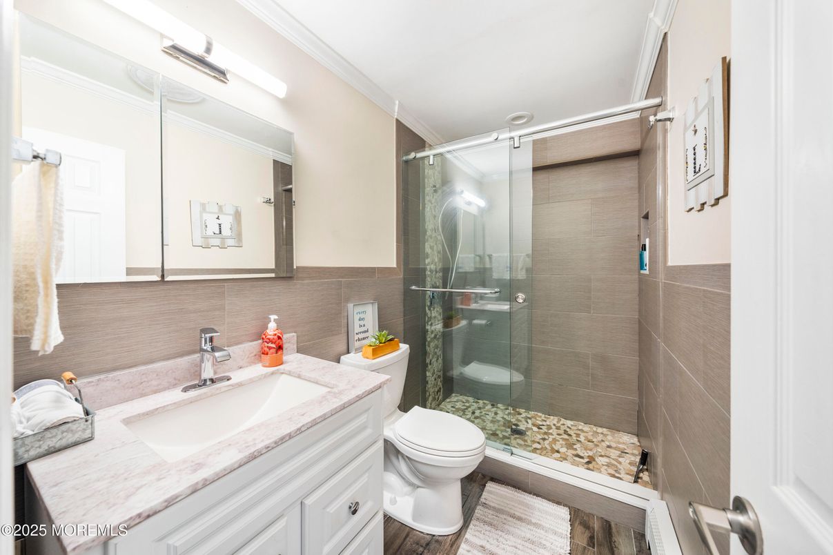 Bathroom, Glass Shower, Interior, Wood Texture Flooring