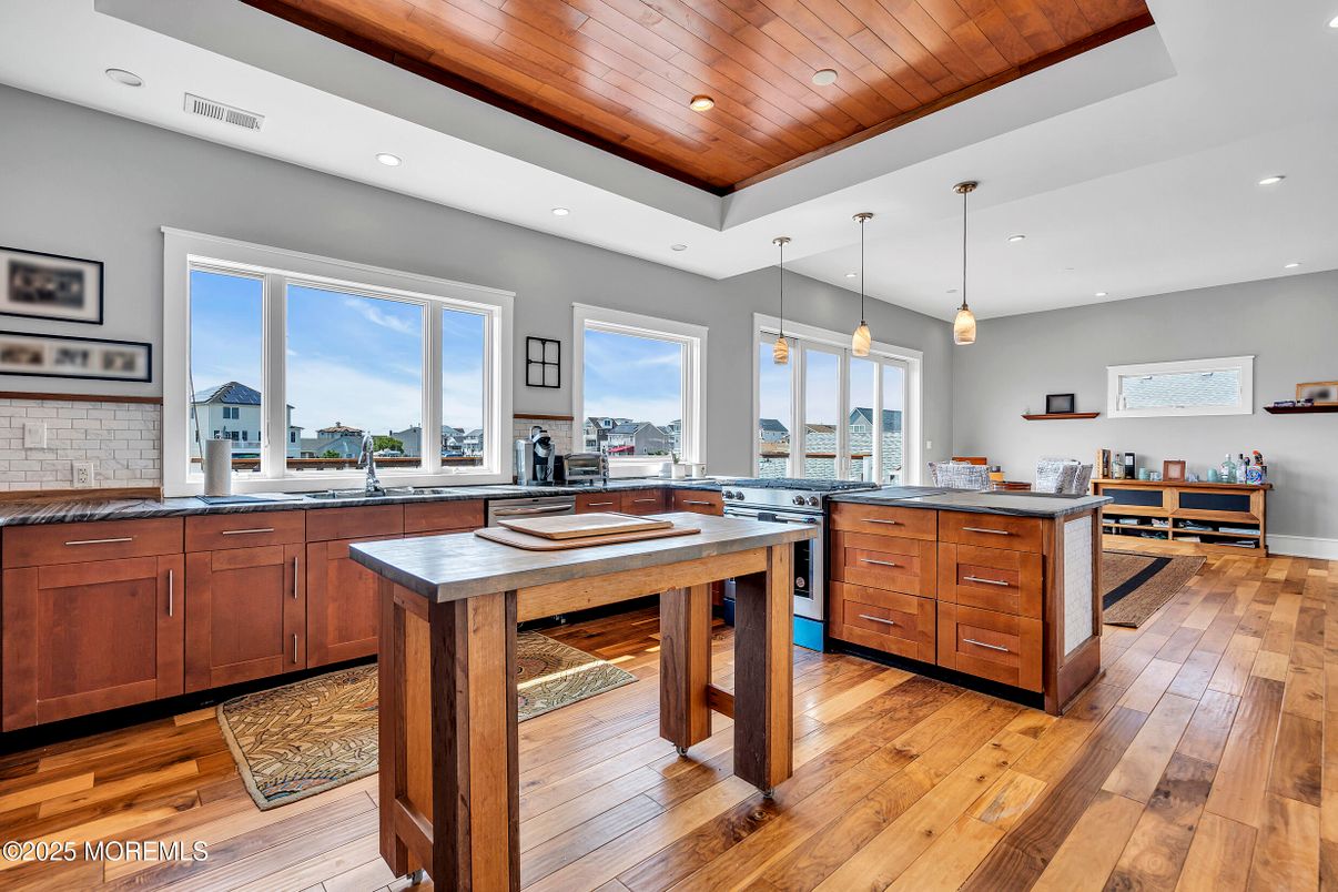 Interior, Kitchen, Pendant Lights, Recessed Lighting, Wooden Ceilings, Wood Texture Flooring