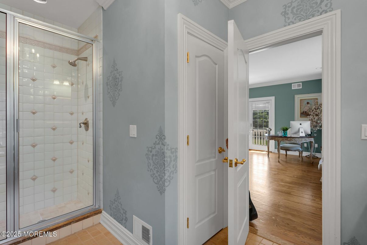 Bathroom, Glass Shower, Interior, Recessed Lighting, Wood Texture Flooring