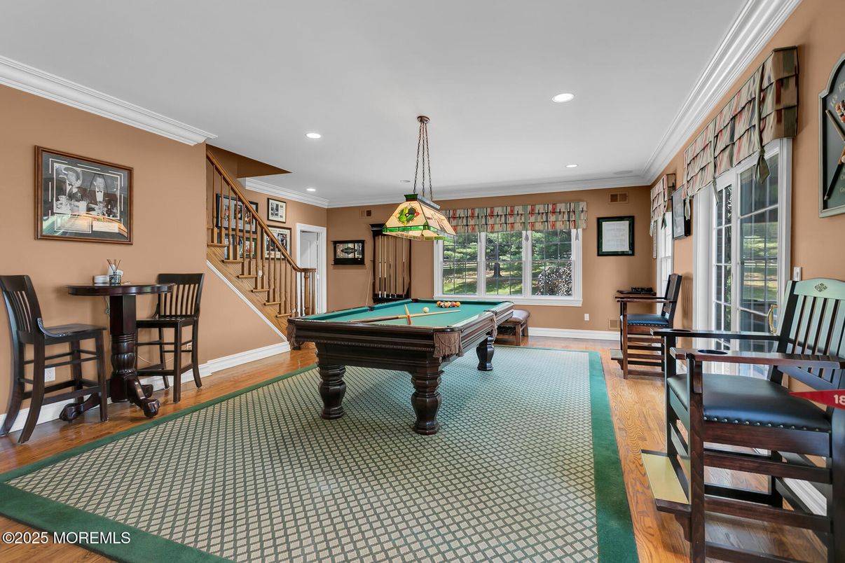 Billiard Table, Game Room, Interior, Pendant Lights, Recessed Lighting, Wood Texture Flooring