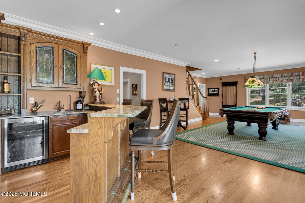 Billiard Table, Game Room, Interior, Pendant Lights, Recessed Lighting, Wood Texture Flooring