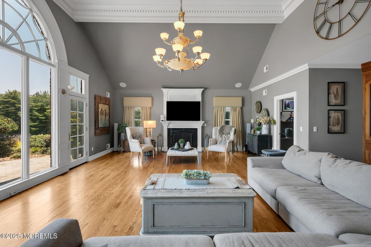 Chandelier, Fireplace, Interior, Living room, Wood Texture Flooring