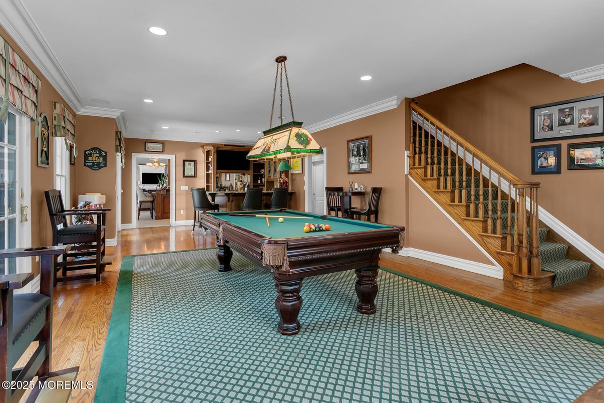 Billiard Table, Game Room, Interior, Pendant Lights, Recessed Lighting, Wood Texture Flooring