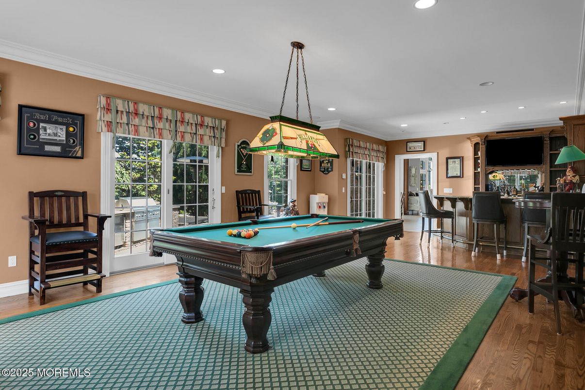 Billiard Table, Game Room, Interior, Pendant Lights, Recessed Lighting, Wood Texture Flooring