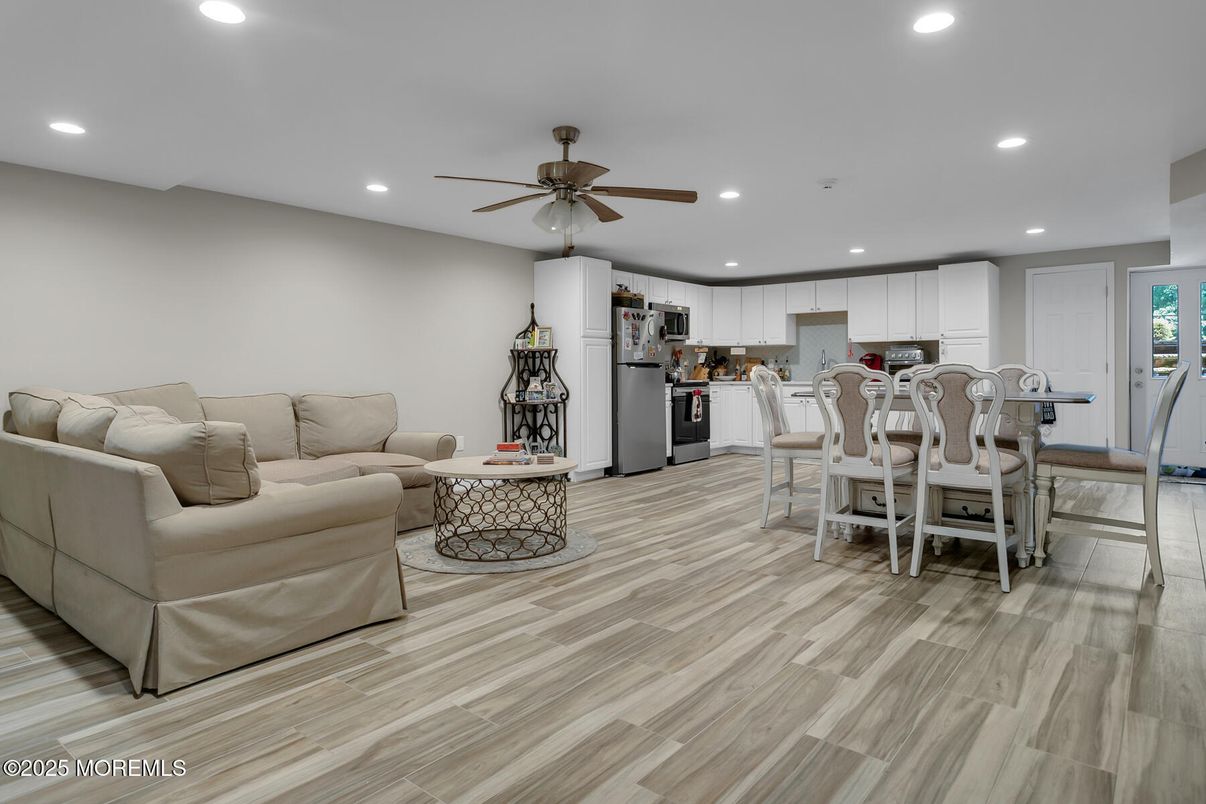 Dining room, Interior, Kitchen, Living room, Recessed Lighting, Wood Texture Flooring