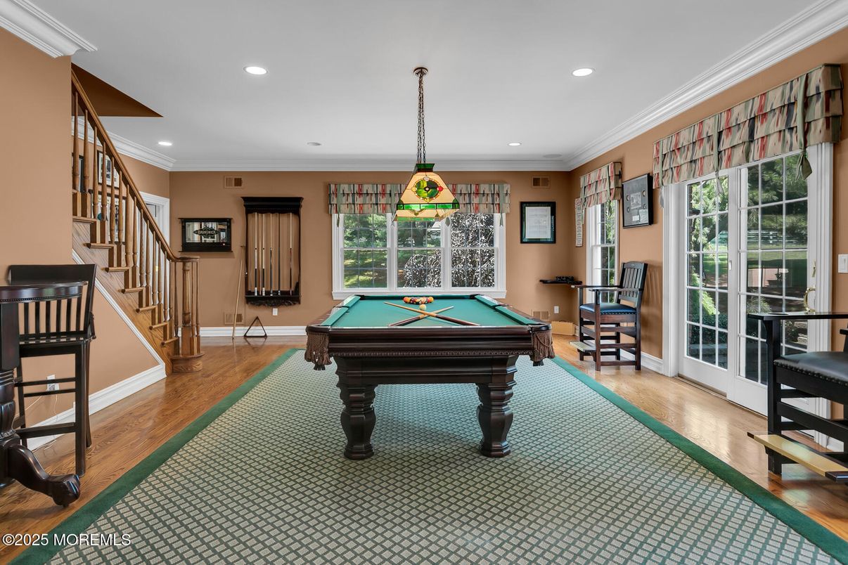 Billiard Table, Game Room, Interior, Pendant Lights, Recessed Lighting, Wood Texture Flooring