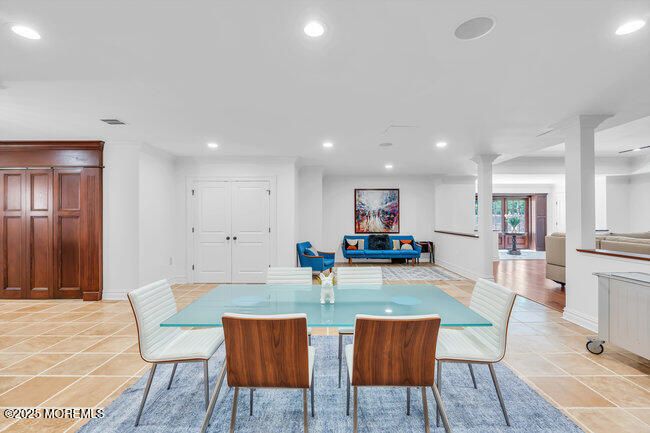 Dining room, Interior, Living room, Recessed Lighting, Wood Texture Flooring