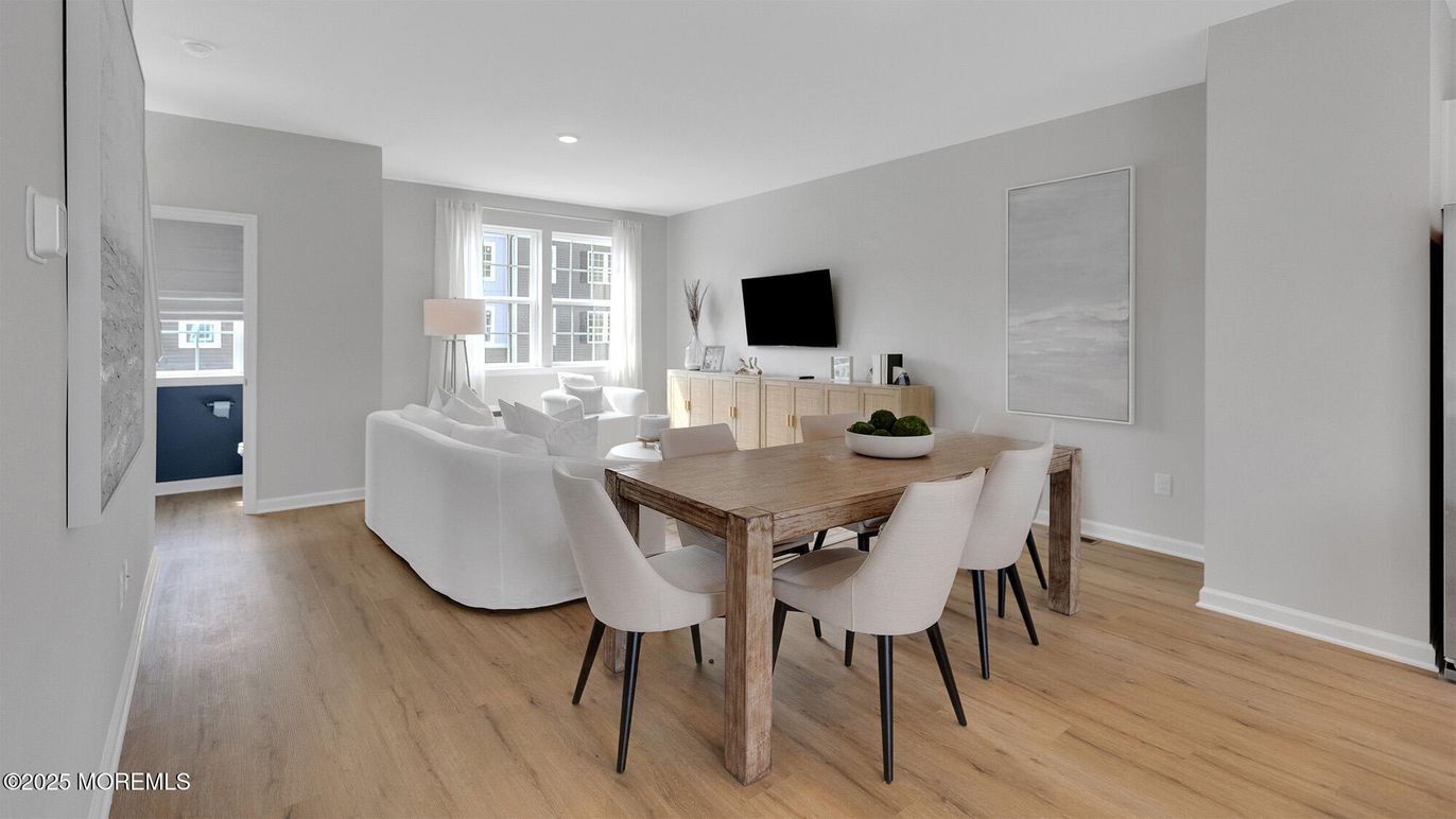 Dining room, Interior, Living room, Recessed Lighting, Wood Texture Flooring